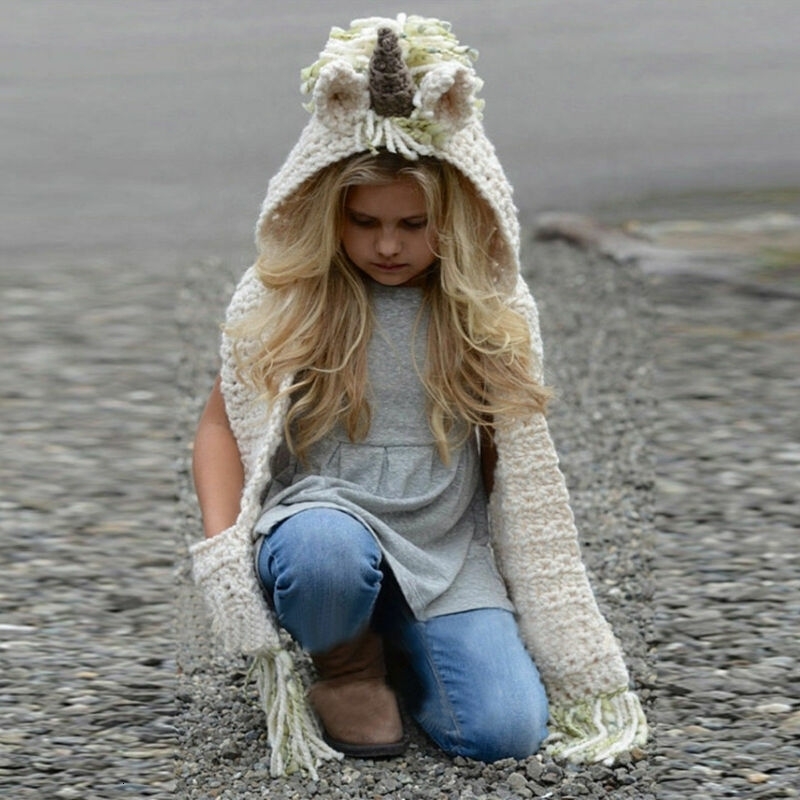 Unicorn Hooded Scarf Animal Hoodie Cowl Crochet Knitted Bean Hat for Children Baby Girls Cute Fashion Hat 2-12Y 241105