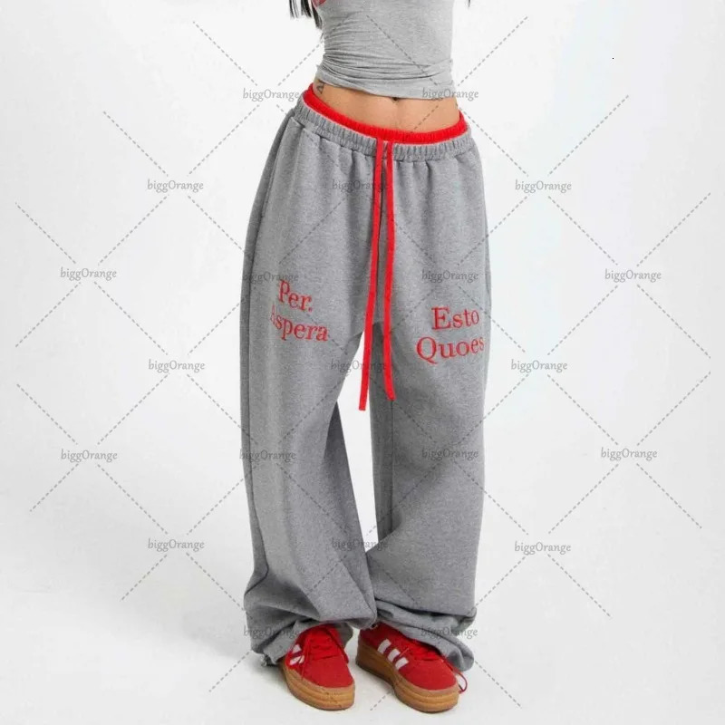 Y2K Harajuku American Street Style Contrasting Color Splicing Straight Pants Women Retro Letter Print Baggy Hip Hop Sweatpants 241104