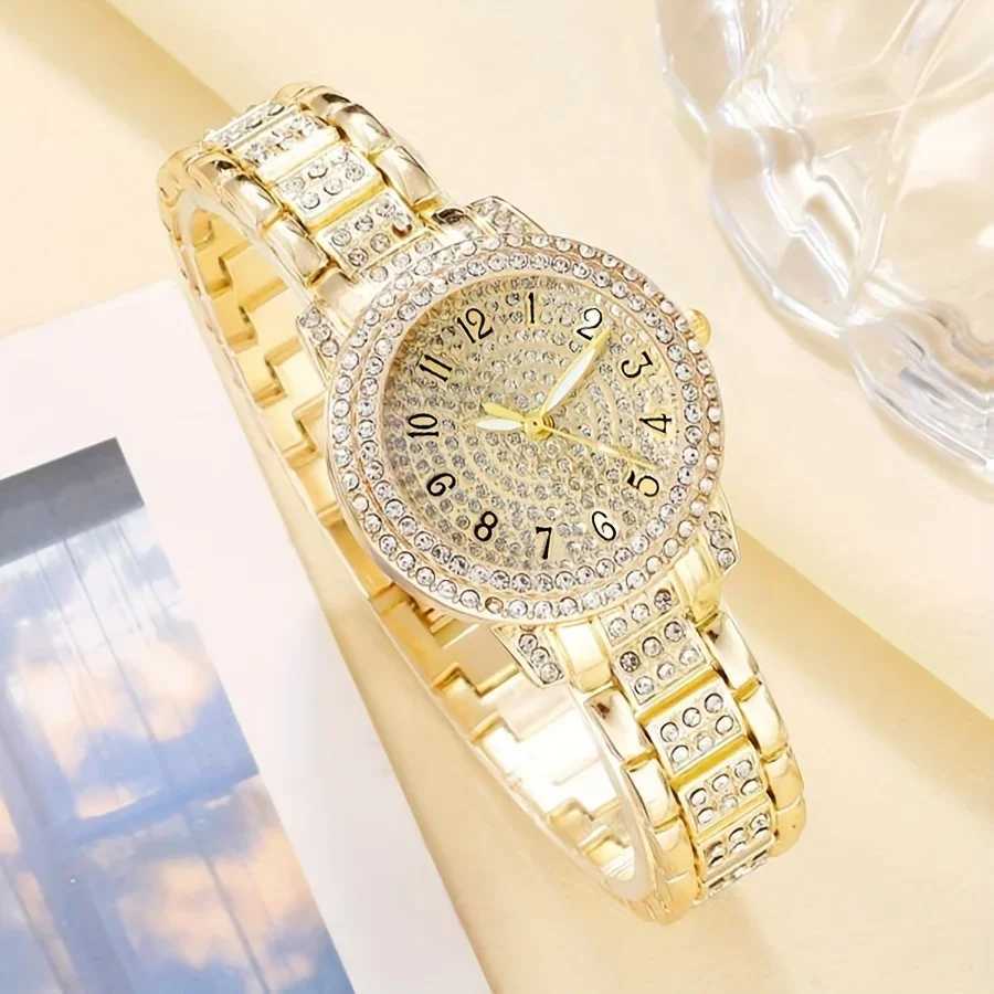 Luxury rhinestone quartz watch hip-hop fashion simulation watch 5-piece jewelry set a gift for Wenhe X241106