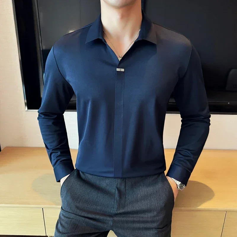 High-end Seamless V-Neck Polo Shirt Mens Long-Sleeved Traceless Elasticity Slim Fit Casual Tee Fashion Business Social Clothing 241106