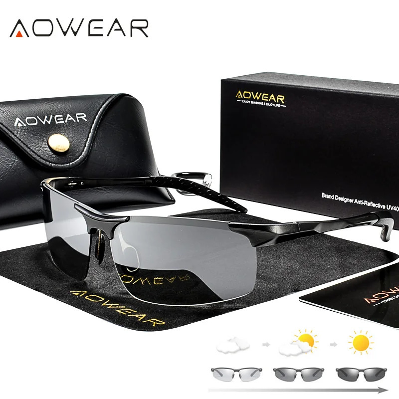 AOWEAR Aluminum Polarized Pochromic Sunglasses for Mens High Quality Borderless Color Changing Glasses for Mens Day and Night Driving Sunglasses 24110