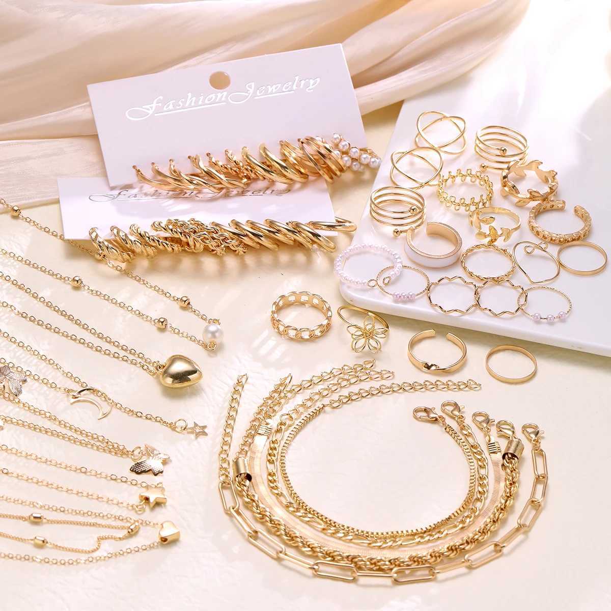 New 44 piece Bohe jewelry set for fashionable retro zircon pearl metal earrings necklaces bracelets ankle rings and gifts X241106