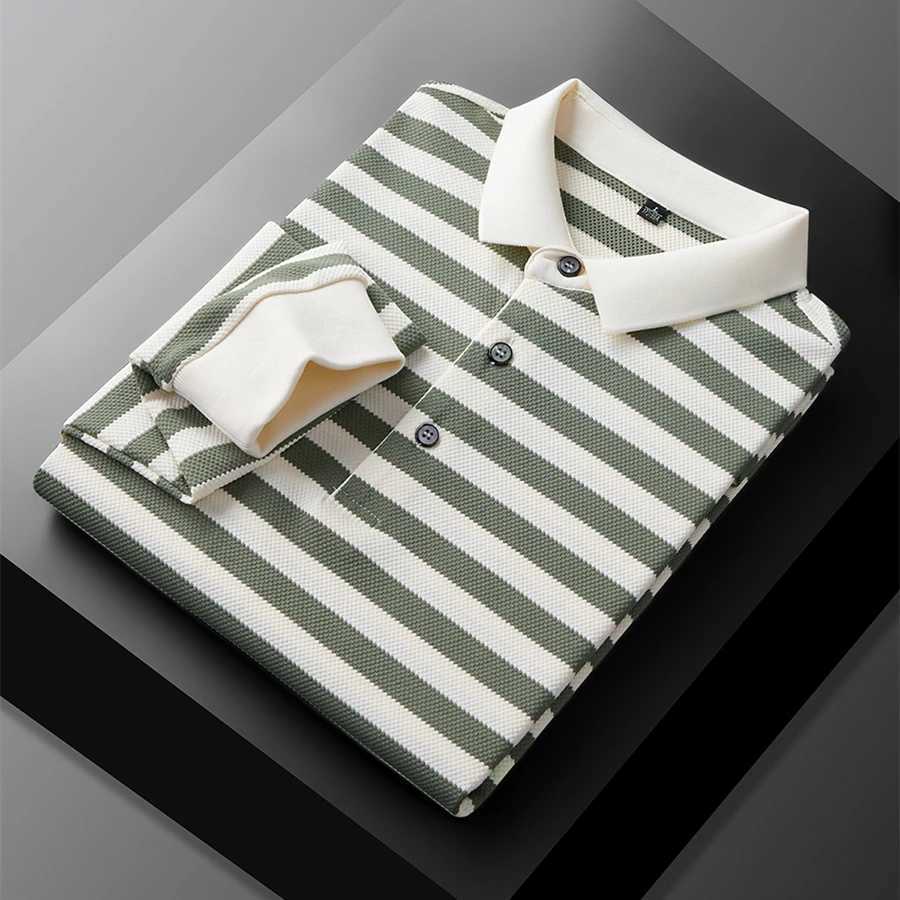 Luxury high-quality long SVE shirt mens spring autumn new striped casual Korean style lapel T-shirt W241106