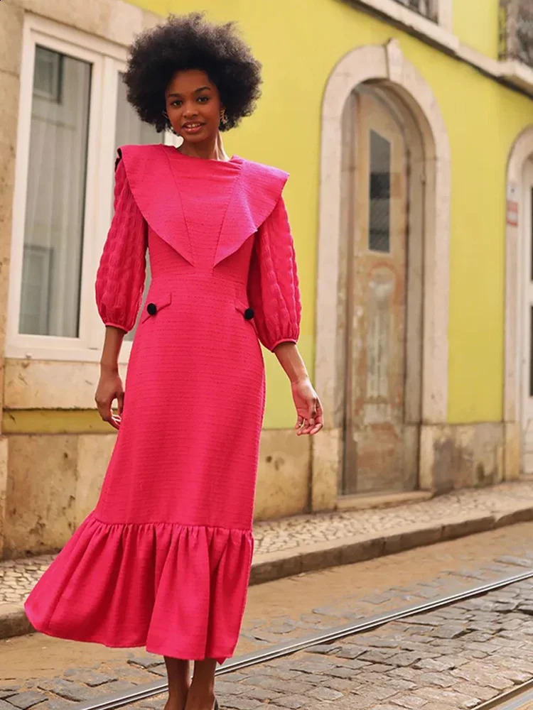Elegant Solid Ruffled Hem Midi Dress For Women Chic Round Neck Long Lantern Sleeve Vestidos Spring Female Party Fashion Robe 240325