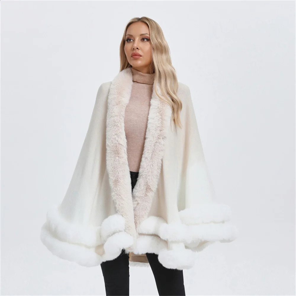 Winter 2 Circle Faux Fur Collar Big Pendulum Shawl Overcoat Loose Cloak Women Warm Gradient Colors Cashmere Poncho Capes 241105