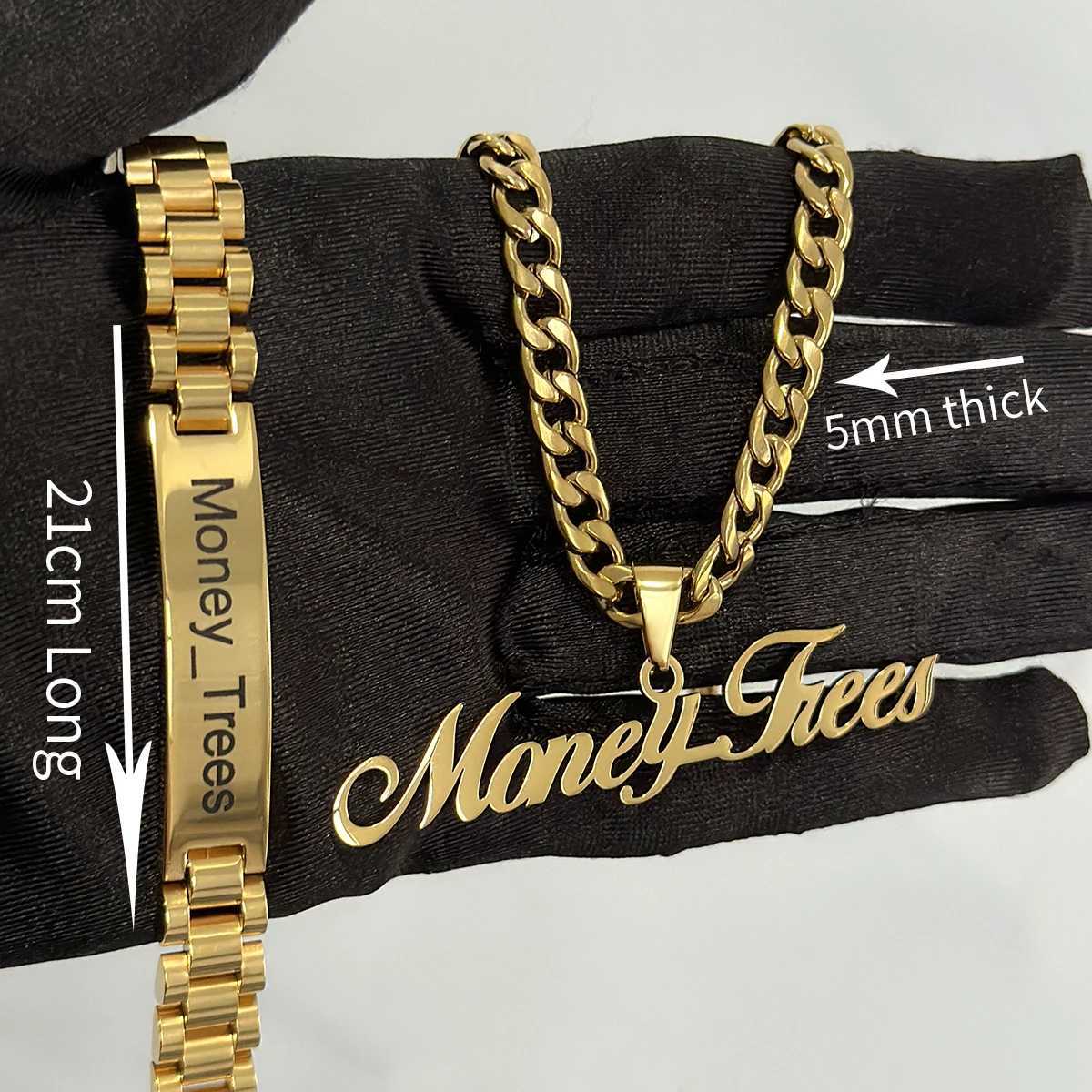 New Mens Name Bracelet Necklace Set Stainless Steel 5mm Cuban Chain Large Name Board Pendant Carving Name Bracelet Customized Jewelry Set X241106