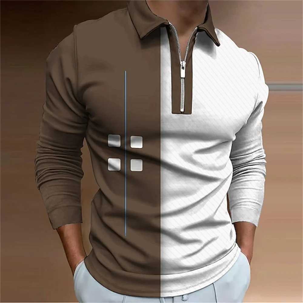 Patchwork Pattern Print Shirt for Men Ventilate Lapel Wear Mens T-shirt Top Comfortable Zipper Sports Long Sve Clothing W241106