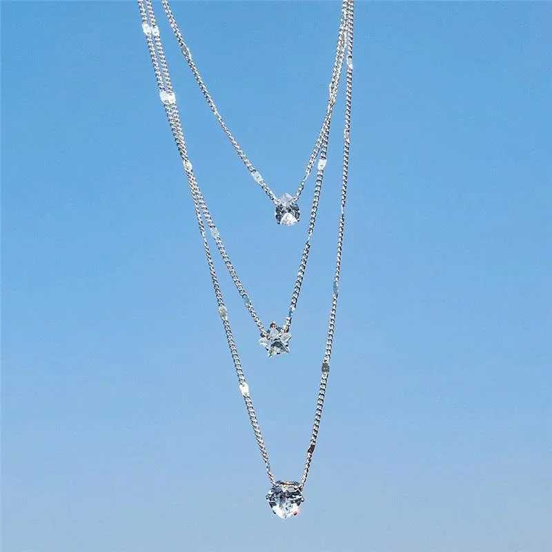 Fashionable gold 3-layer crystal necklace used for warm white cubic zirconia star pendant necklace jewelry gift X241106