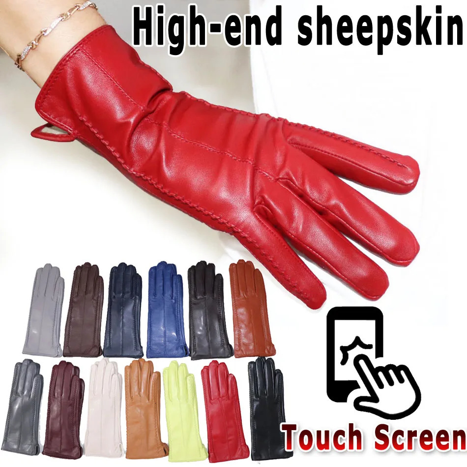 Leather gloves for women sheepskin flannel lining autumn and winter high-end black touch screen color drive model 241106