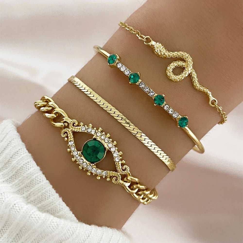 4-piece Hallow Out Green Crystal Stone Bracelet Set for Wencuffed Bracelets Cute Snake Eye Rhinestone Girl Bracelet Jewelry Set X241106