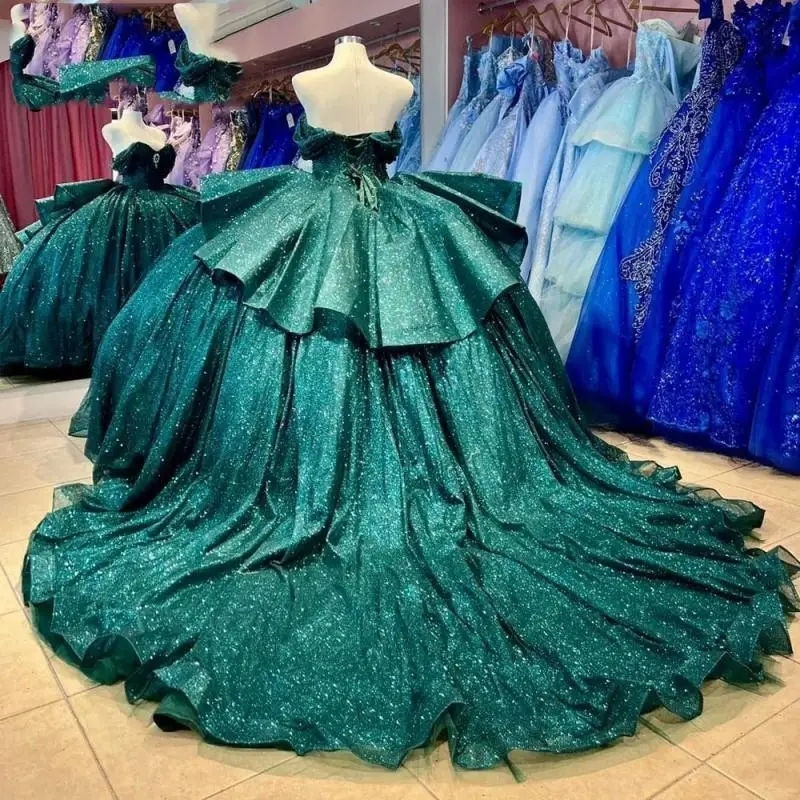 Blackish Green Shiny Ball Gown Quinceanera Dresses Off Shoulder Sweet 16 Beads Crystal Tulle Corset Birthday Party Dress Vestidos De 15 Anos