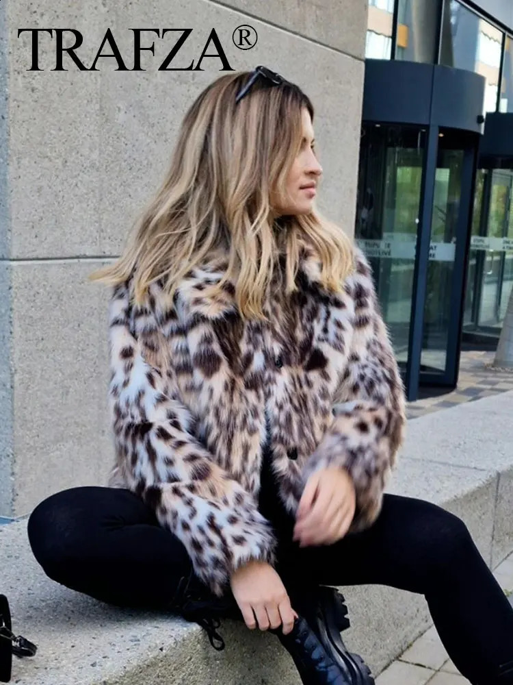 TRAFZA Women Leopard Print Faux Fur Coat Button Long Sleeve Jacket Winter Warm Outerwear Female Fashion High Street Y2k Coats 241104