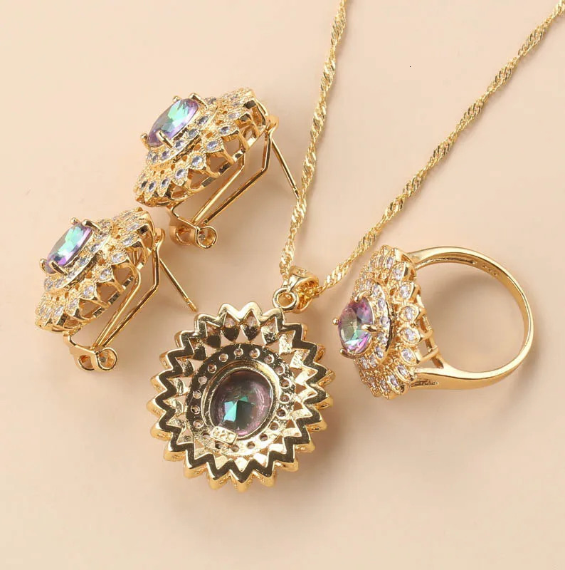 African Wedding Necklace Sunflower Jewelry Set 18K Gold Plated Womens Earrings Charm Bracelet and Ring Bridal Clothing 241106