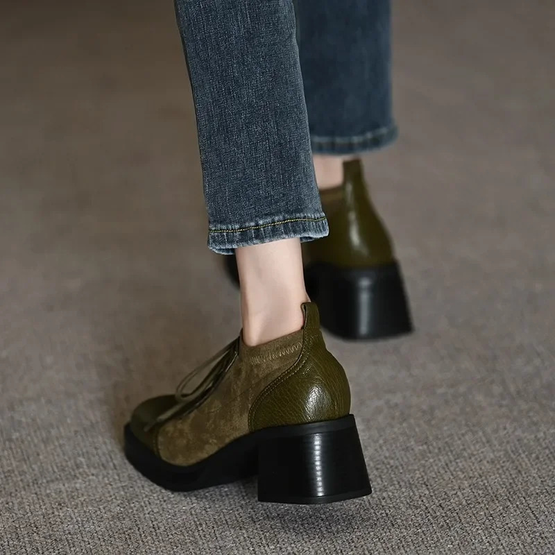 Boots Womens Fashion CasualShoes Solid Color Shoes for Women Lace Up Round Toe Chunky Heel Ladies Dress Shoes 241106