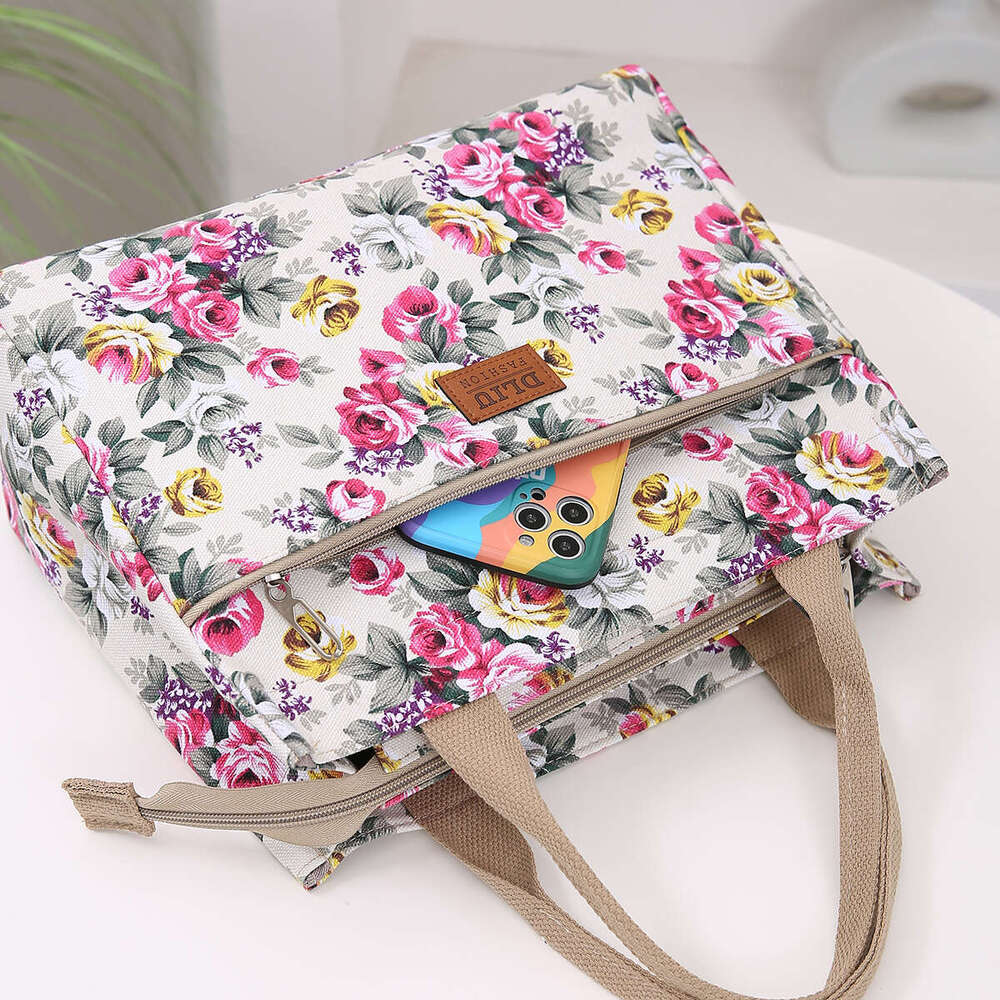 Designer Bag Fashion Floral Print Tote Bag, Portable Canvas Lunch Bag, Women's Casual Handbag & Bento Mommy Bag For Picnic Travel