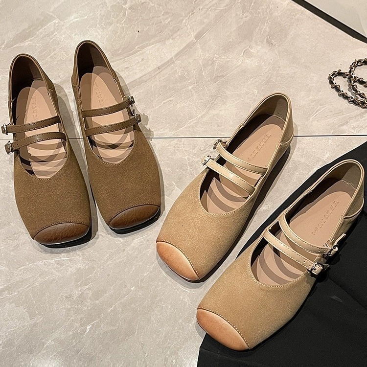 Patchwork Soft Leather Mary Jane Sneakers for Women - Flats with Double Button Strap and Square Toe