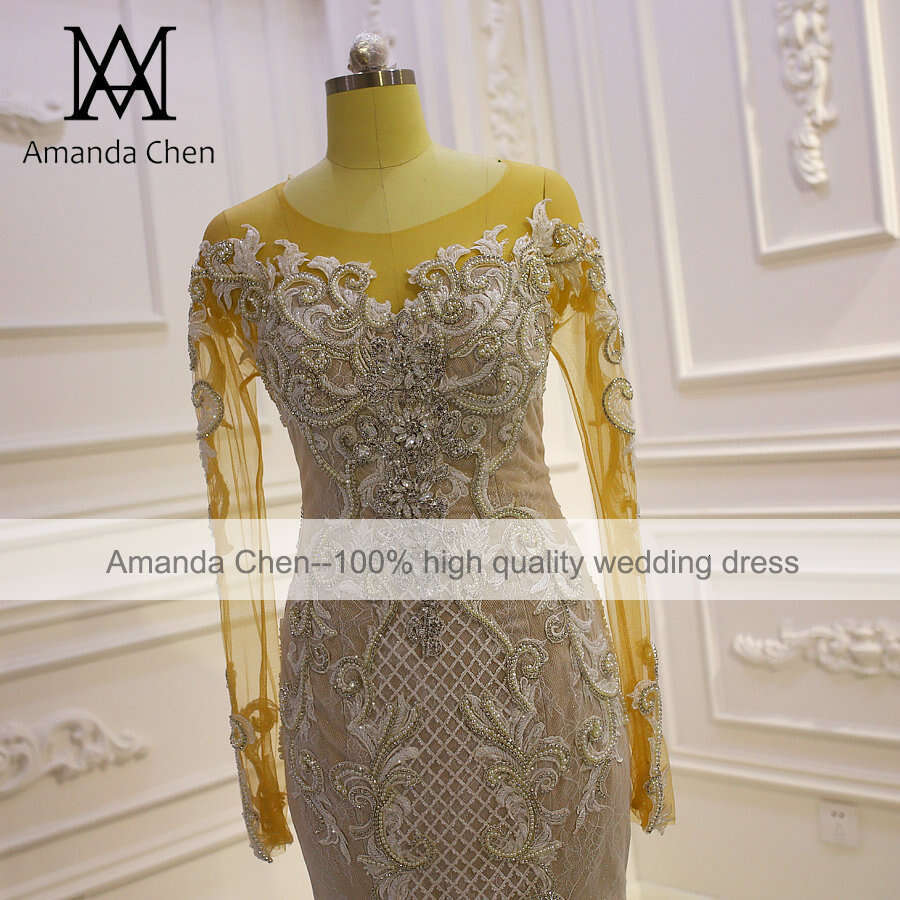 robe mariee Long Sleeve Handwork Crystal Rhie Mermaid Wedding Dress