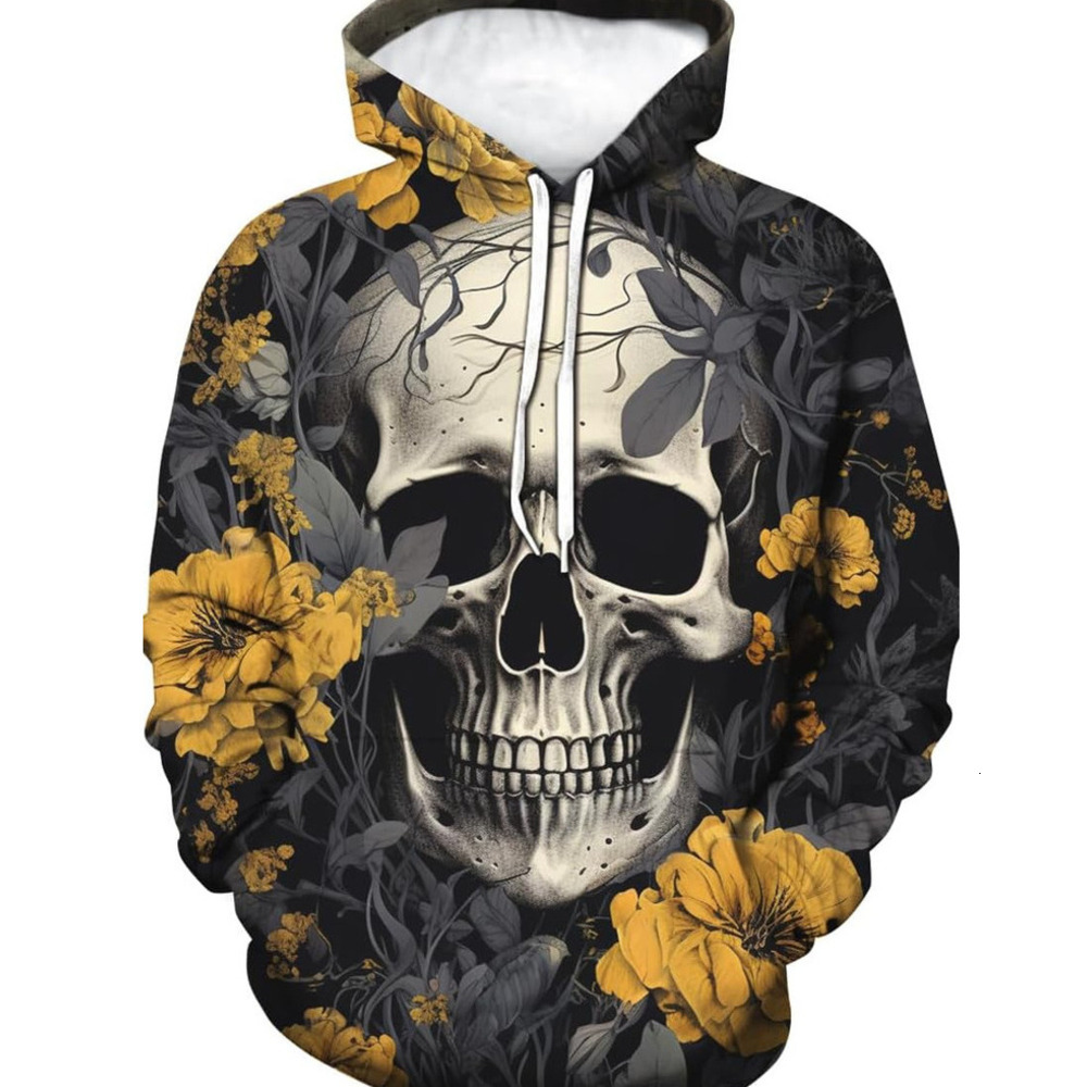 Hoodie for Mens Rose Skull Graphic Hoodies Novelty 3D Printed Sweatshirts With Pocket Graphic Fashion Trends The Yellow Rose