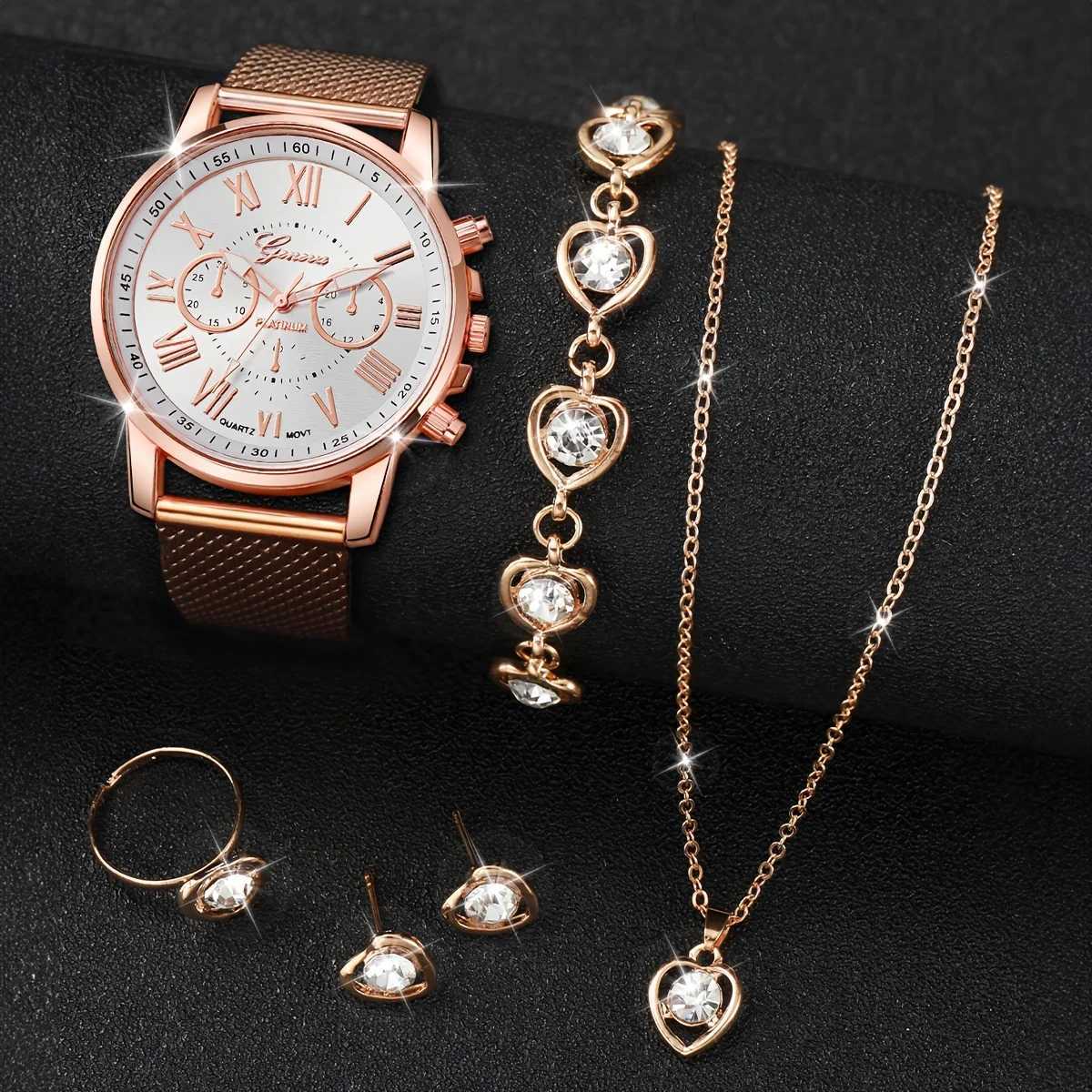 Fashionable quartz watch and rhinestone 6-piece jewelry set - perfect casual or Vntine gift for her X241106