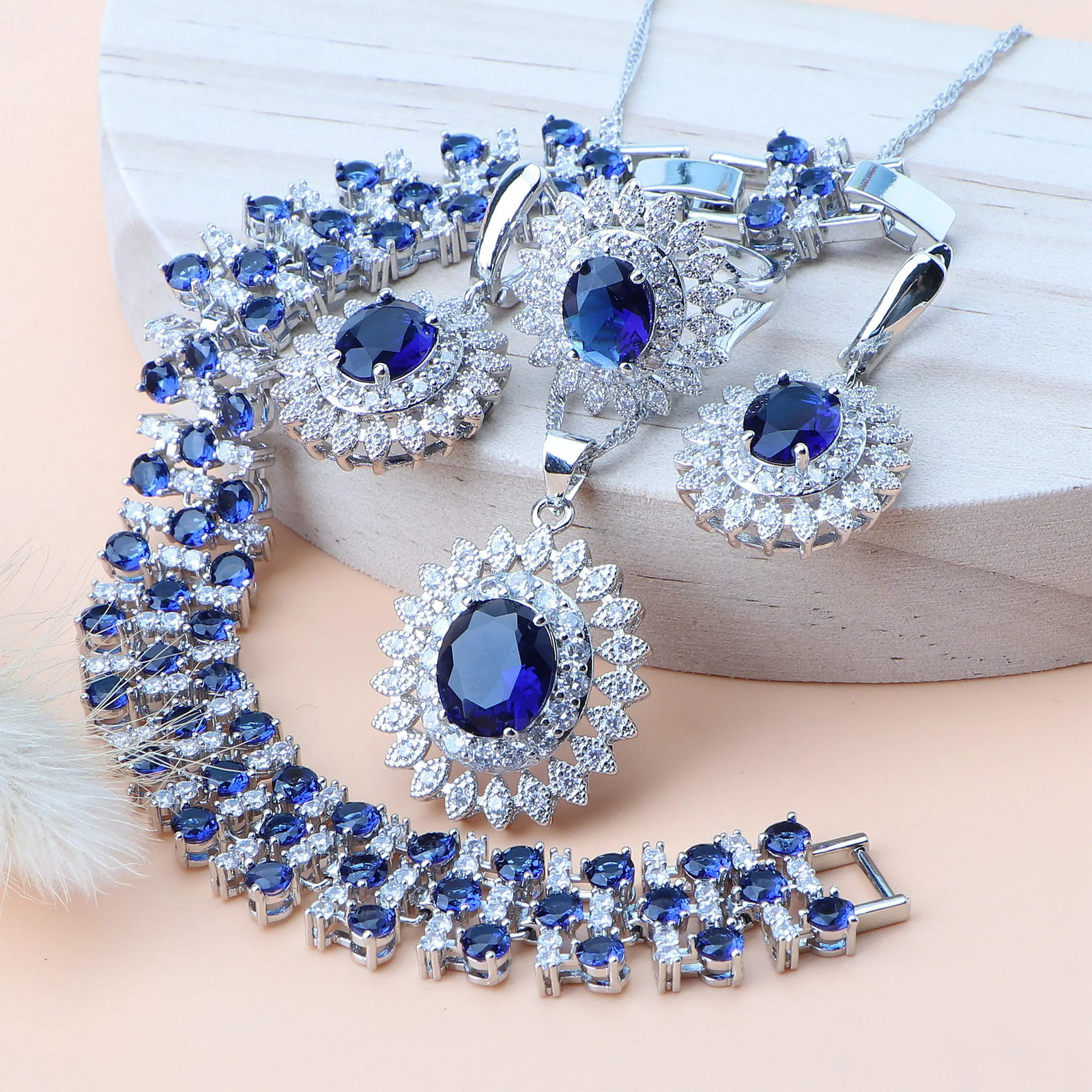Natural Bridal Jewelry Set Silver 925 Jewelry Ring Pendant Necklace Earrings Wedding Blue Cubic Zircon Set 241106
