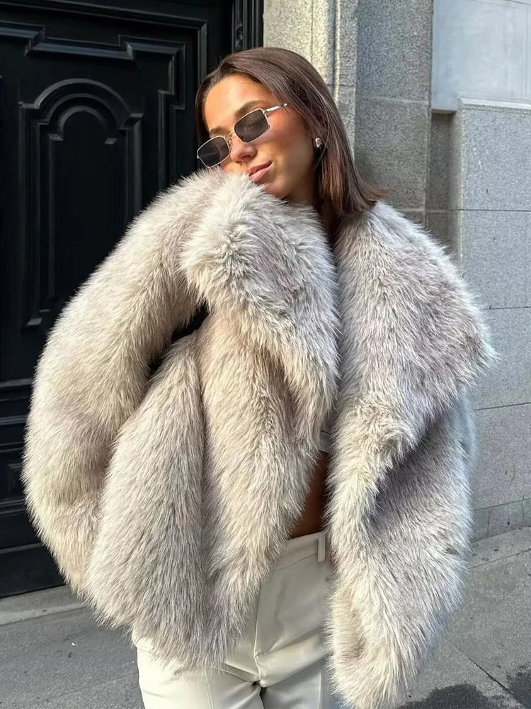 TRAF Faux Fur Coat Plush Fluffy Womens Jacket 2024 Woman Autumn Winter in Outerwears White Red Gray Black Wool Blends Coats 241106