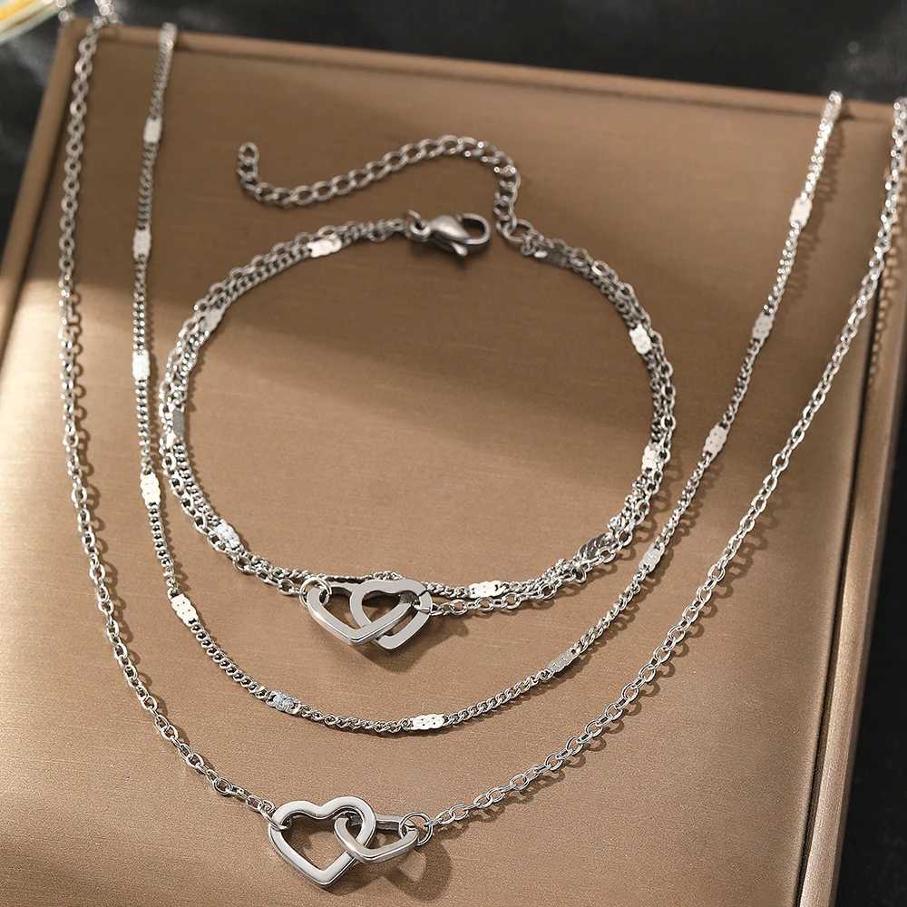 Stainless steel jewelry set high-end and atmospheric bracelet necklace double chain design jewelry set X241106