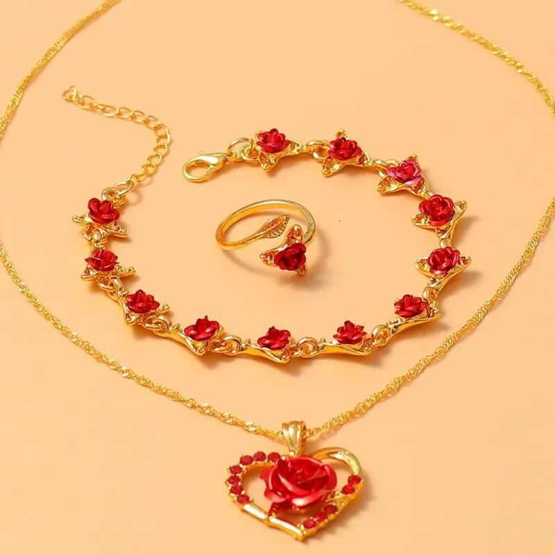 European and American Accessories Vintage Exquisite Rose Pendant Necklace Ring Set 241106