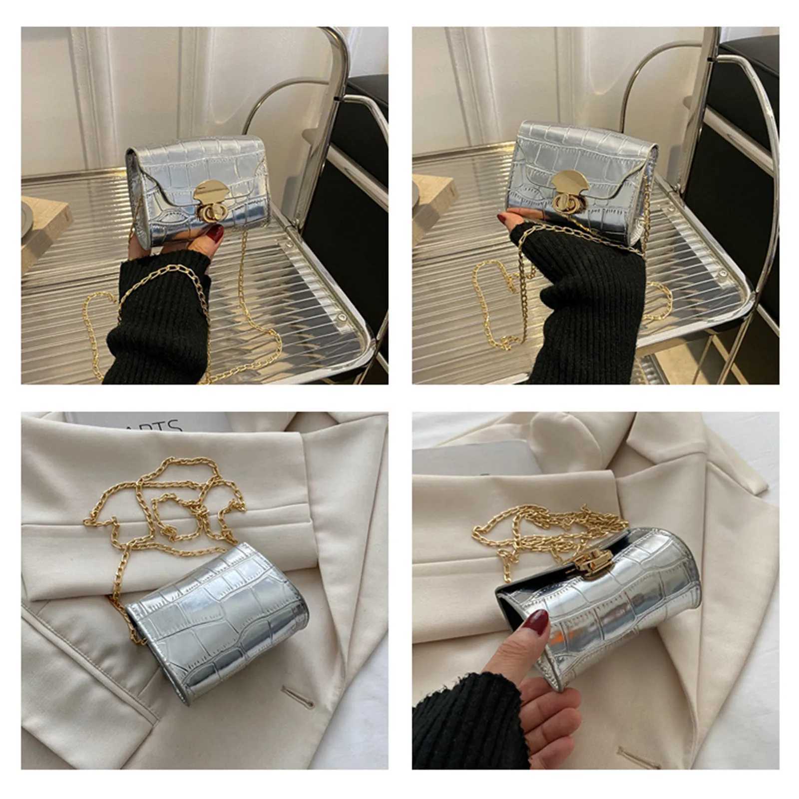 Korean Style Leather Bright Surface Shoulder Bag Chain Mini Crossbody Bag Fashion Metal Buckle Girl Small Wallet Lipstick PouchC241216