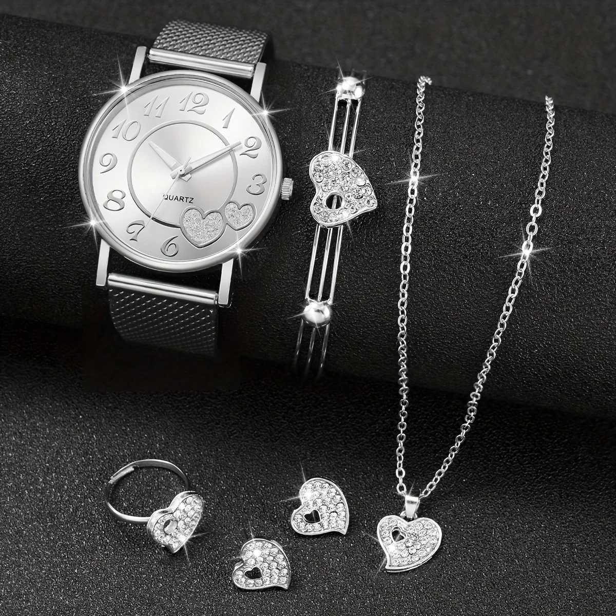 Enchanting - Shape Quartz Chronograph and Dazzling Rhinestone Jewelry Set -6 pieces for her timing Rantic Vntines Day X241106