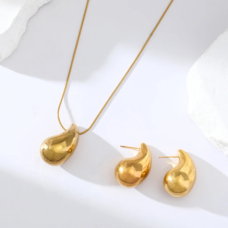EILIECK 316L Stainless Steel Gold Color Water Drops Necklace Earrings Trendy For Women Party Gift Waterproof Jewelry Set 241106