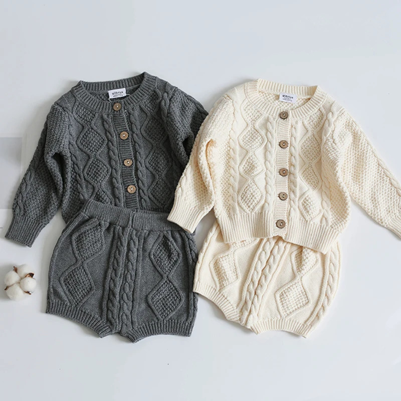 Cotton Boys Girls Baby Knit Sweater Cardigan Shorts Suit Autumn Winter Children Clothing Baby Clothes Suit 241106
