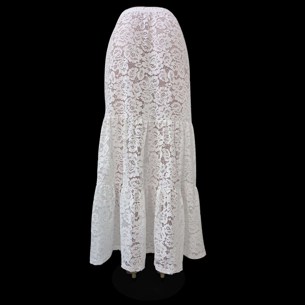 Women's High Waist Sexy See-Through Versatile Solid Casual Ral Patchwork Retro Lace Long Skirt