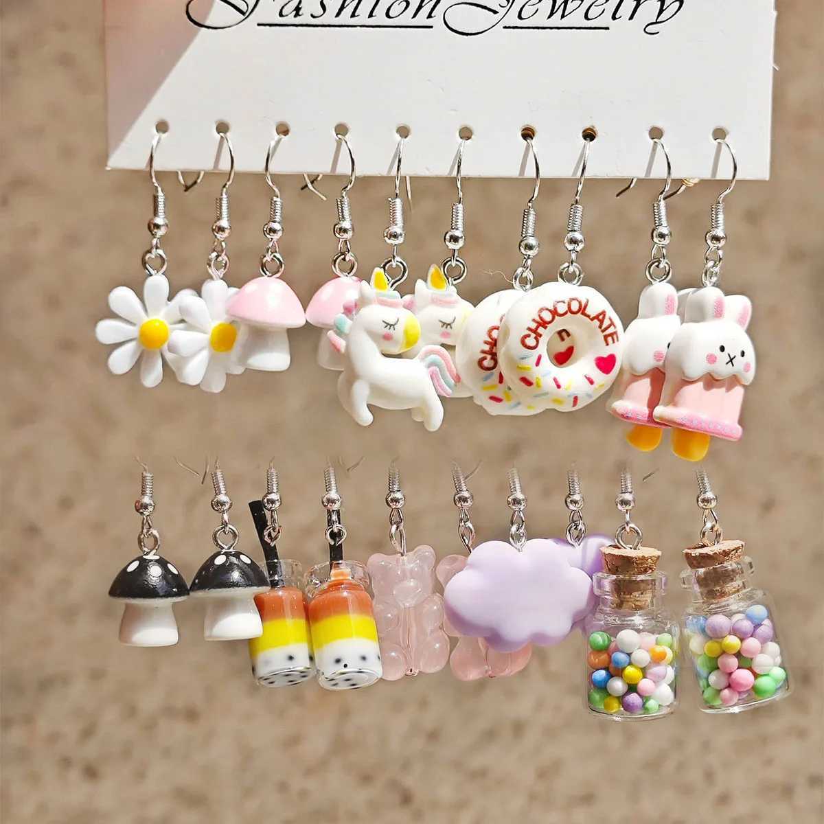 10 pairs of fresh colored resin pendant earrings with cute flowers milk tea earrings Fem X241106