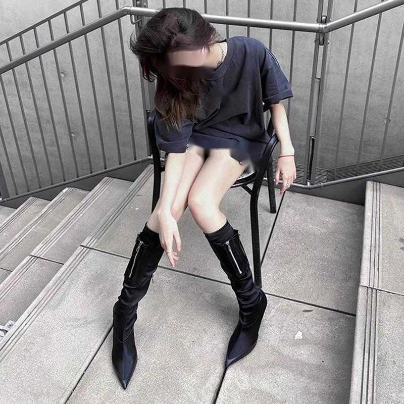 CMM New Pointed Metal Zipper High Heeled Boots Thin Heels Black Elastic and Slimming Spicy Girl Long Boots