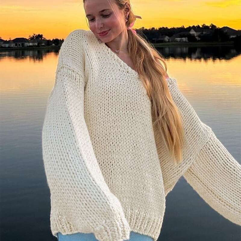 Talenza Knitted Off-Shoulder Women's Solid Color Casual Loose Large V-Neck Pullover Streetwear Slim Hollow Sweater Top