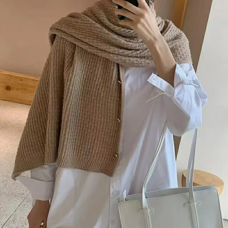 Warm Knitted Plain Color Scarf Thick Single Breasted Wool Shawl Wrap Women Cape Open Side Woven Cardigan Poncho Stole 241105