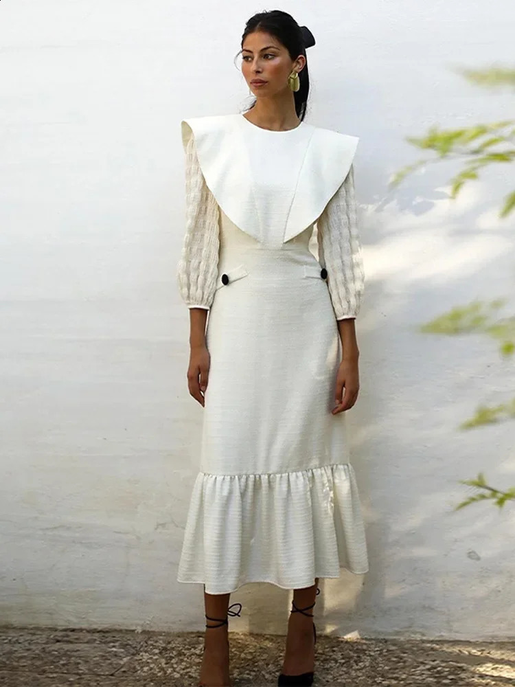 Elegant Solid Ruffled Hem Midi Dress For Women Chic Round Neck Long Lantern Sleeve Vestidos Spring Female Party Fashion Robe 240325