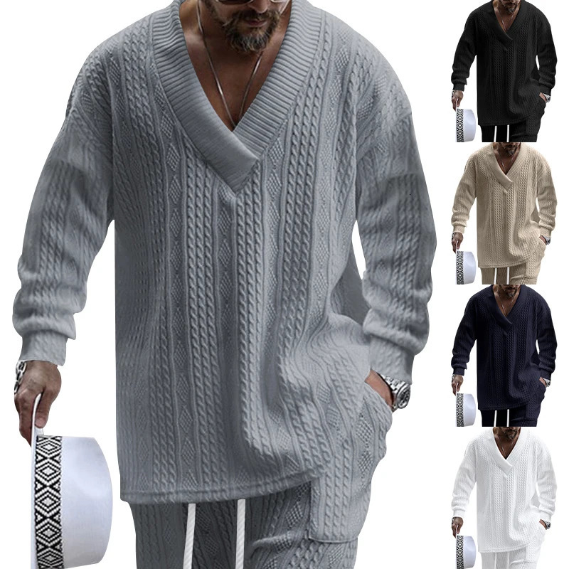 Mens Sweater Autumn Winter V-Neck Jacquard Warm Solid Color Long-Sleeved Sweater Casual Fashion Street Suit Mens Pullover 241106