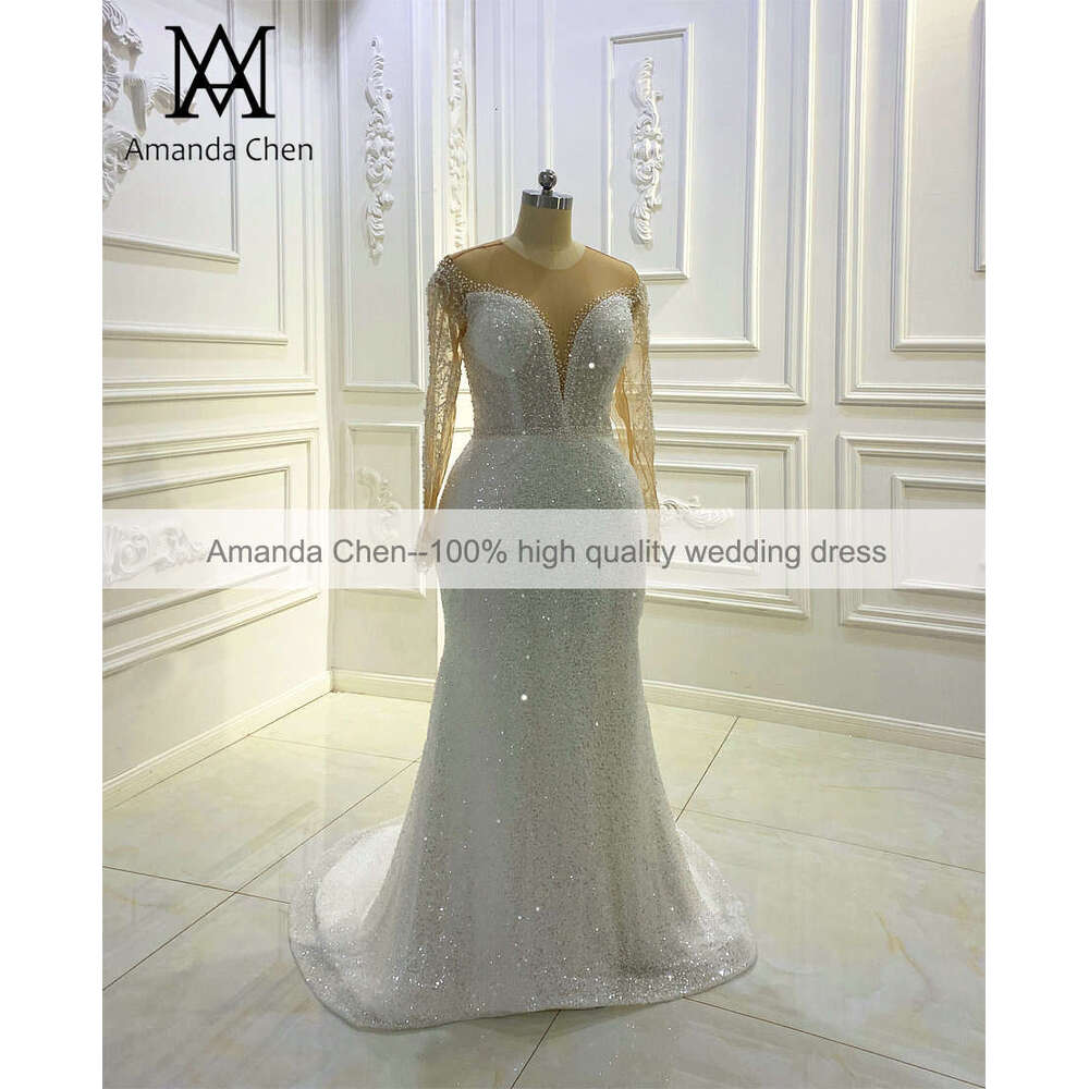 robes de mariage Long Sleeve Pearls Handwork Low Cut Wedding Dress