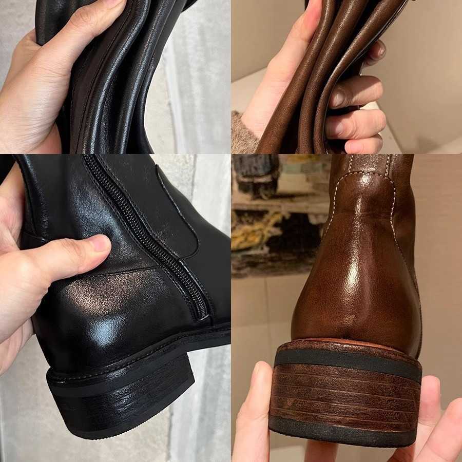 Washed Horse Skin Round Head Thick Heel Tall Leg Straight Long Barrel Knight Boots Women Autumn Winter