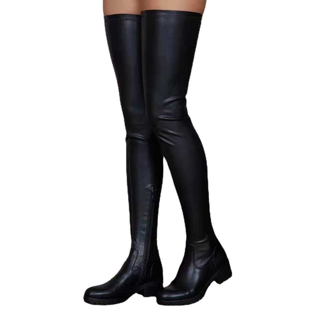CMM Spring and Autumn New Cross Knee Boots Womens Round Head Fashion Boots Large Size Thick Heel Long Leg Knight Boots