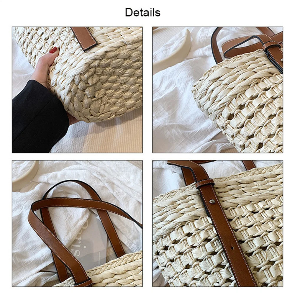 ISKYBOB Summer Hand drawn Grass Beach Womens Handbag Retro Hollow Outer Basket Lattan Handbag Holiday Shoulder Bag 241105