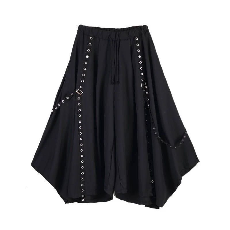 Men Ribbon Dark Black Wide Leg Pants Male Punk Gothic Harem Trousers Kimono Skirt Winter Women Irregular Big Hem Pant 241104