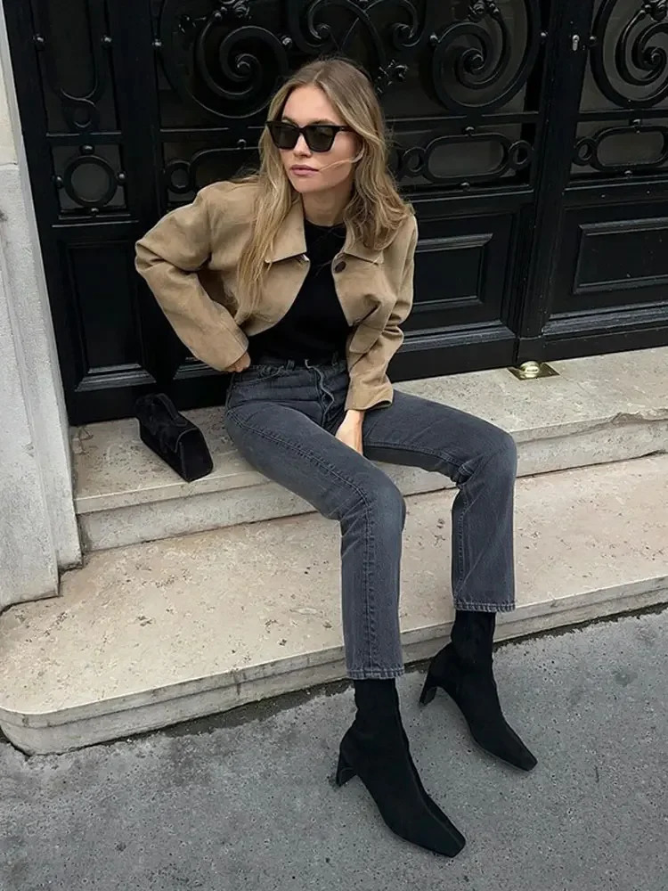 Women Vintage Chamois Leather Cropped Solid Long Sleeve Coats Female Single Breasted Lady Jacket Lady Autumn Streetwear Tops 241106