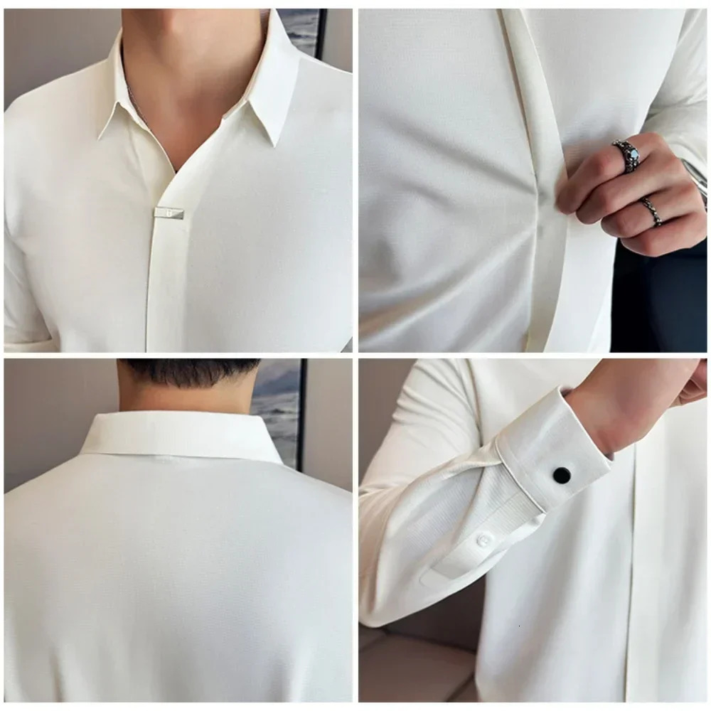 High-end Seamless V-Neck Polo Shirt Mens Long-Sleeved Traceless Elasticity Slim Fit Casual Tee Fashion Business Social Clothing 241106