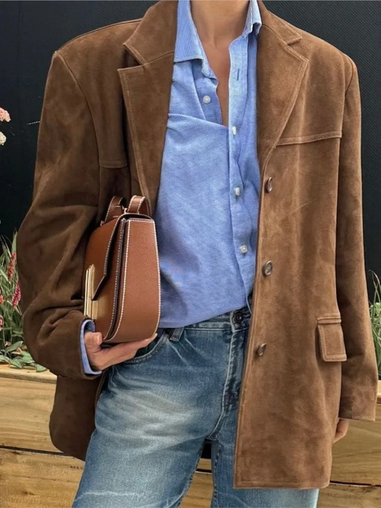 Vintage Brown Womens Jacket Classic Casual Turndown Collar Jackets Autumn Winter Fashion Women Coat Retro Solid Color Outerwear 241106