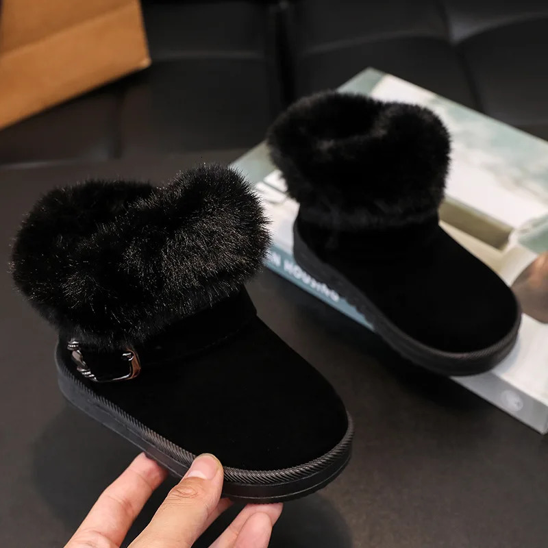 Kids Plush Snow Boots Winter Baby Soft Warm Cotton Shoes Boys Girls Buckle Belt Fur Suede Boots Princess Ankle Boots 241106