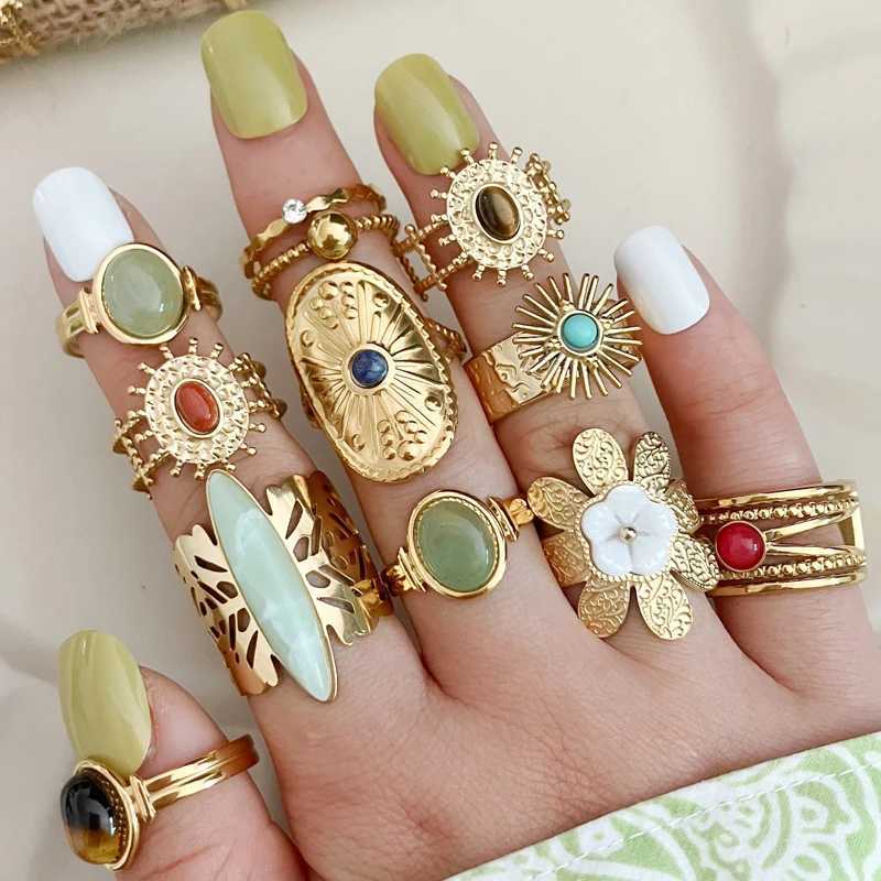 Bohe colored natural stone ring used for warm stainless steel gold-plated Suower hollow adjustable open ring jewelry gifts X241106