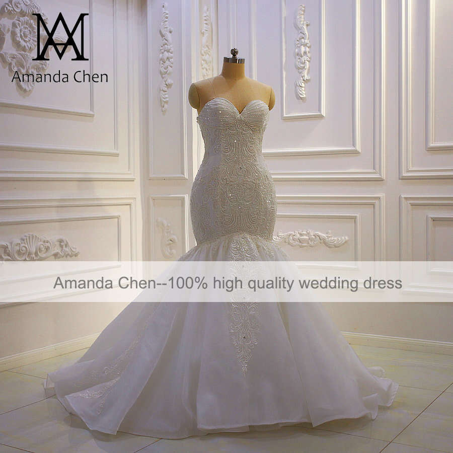 robe Lace Appliqued Beading Mermaid Off White Strapless Wedding Dress