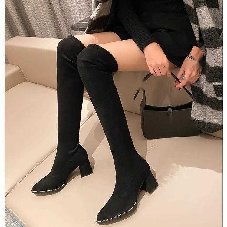 CMM Sheepskin Autumn Winter Long Boots Womens Over the Knee Boots Thick Heel Velvet High Heel Boots Womens High Heel Long Stretch Boots